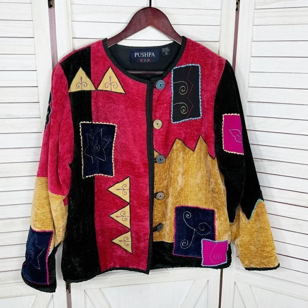 Vintage Pushpa‎ Jacket Women Medium Velour Patchwork Tapestry Embroidered 90s
